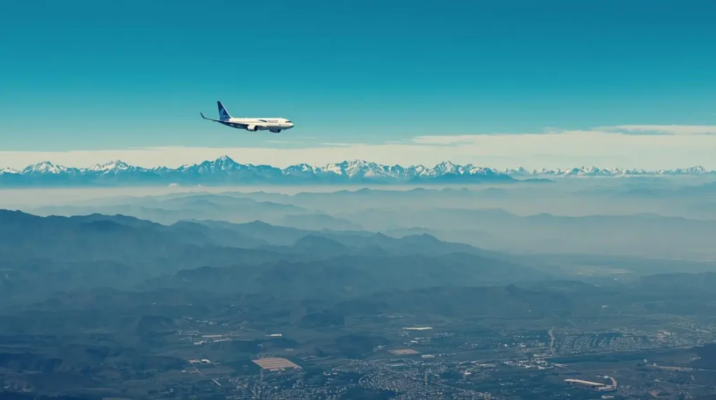 commercial airplane flying over himalayas